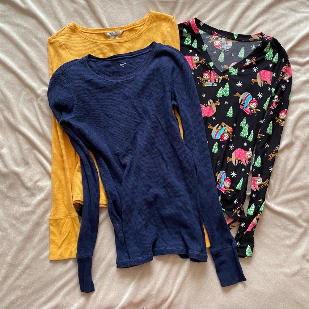 XS juniors sloth pajama top, two thermal tops